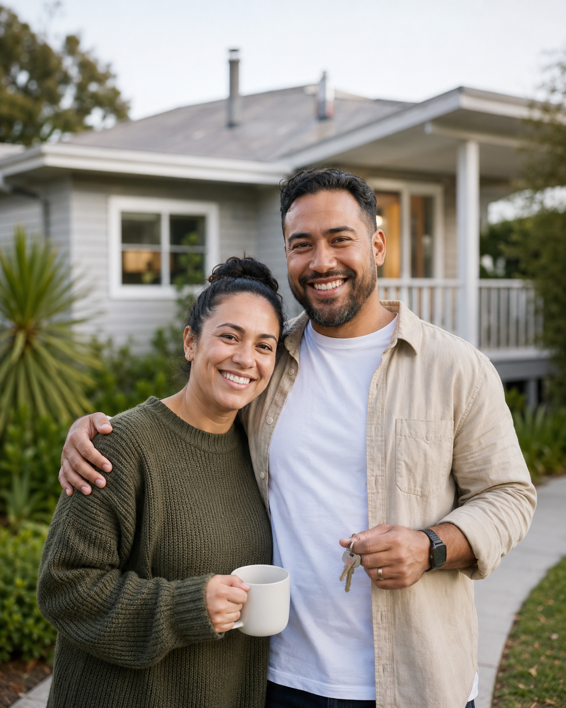 Terry and Tracey smiling outside their recently renovated home with keys in hand.