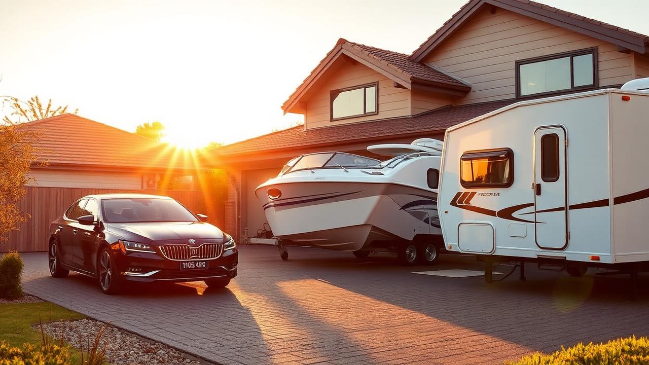 Car, boat and caravan parked at an Australian home at golden hour