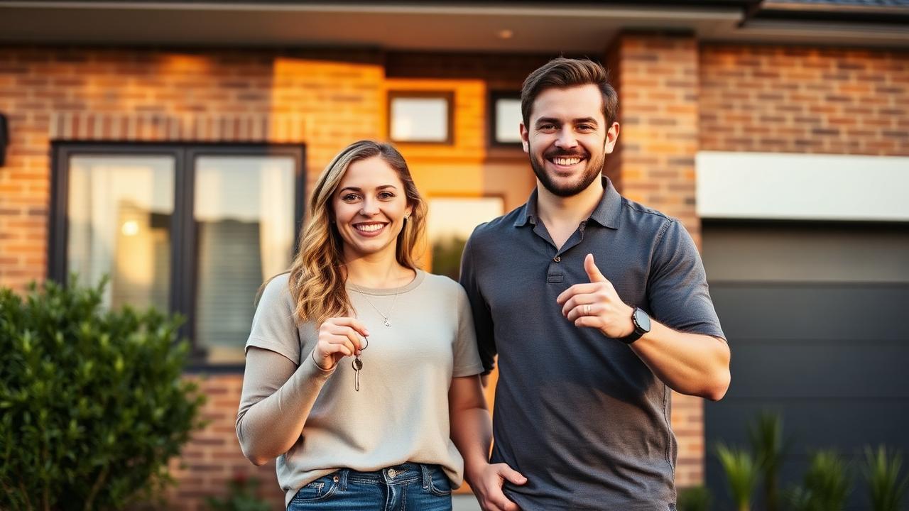 Australian couple standing outside their new home holding keys