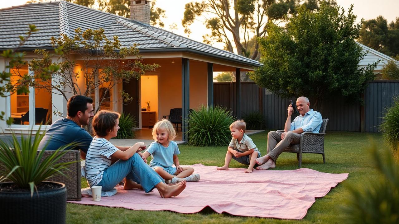 Australian family relaxing in the backyard of their home