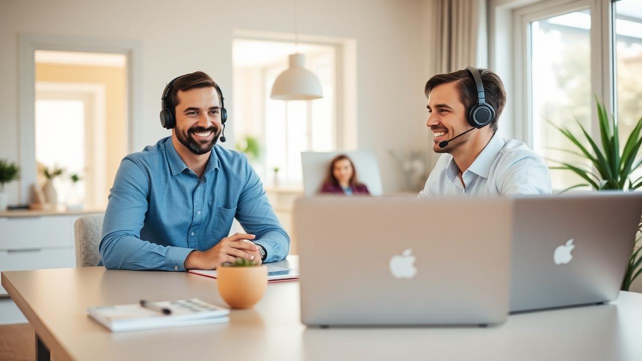 An Emanate Finance broker meeting a client by video call from a bright home office