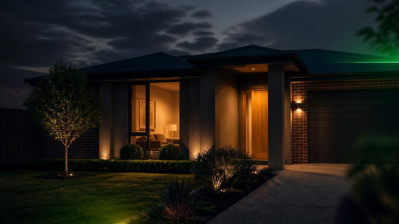 Modern Australian family home lit up at dusk