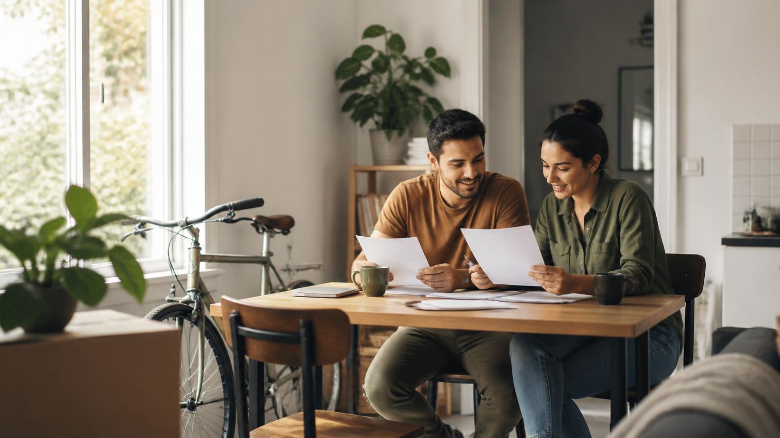 A couple reviewing their options in a rented apartment